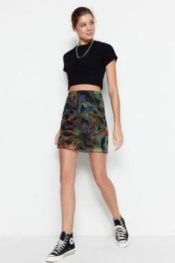 Trendyol Brown Printed Tulle High Waist Lined Mini Knitted Skirt