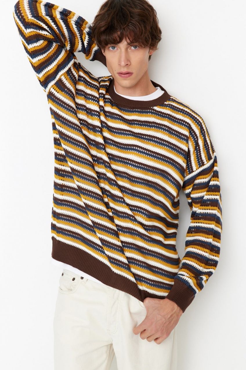 Trendyol Multi-Colored Oversize Fit Wide Fit Crew Neck Crochet Detailed Knitwear Sweater