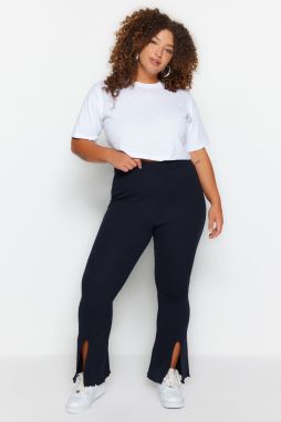 Pletené nohavice Trendyol Curve Navy Blue s vysokým pásovým rozparkom