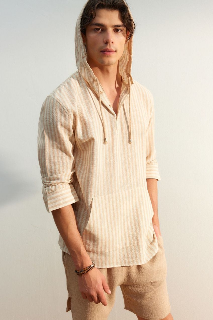 Trendyol Beige Oversize Fit Textured Hooded Shirt