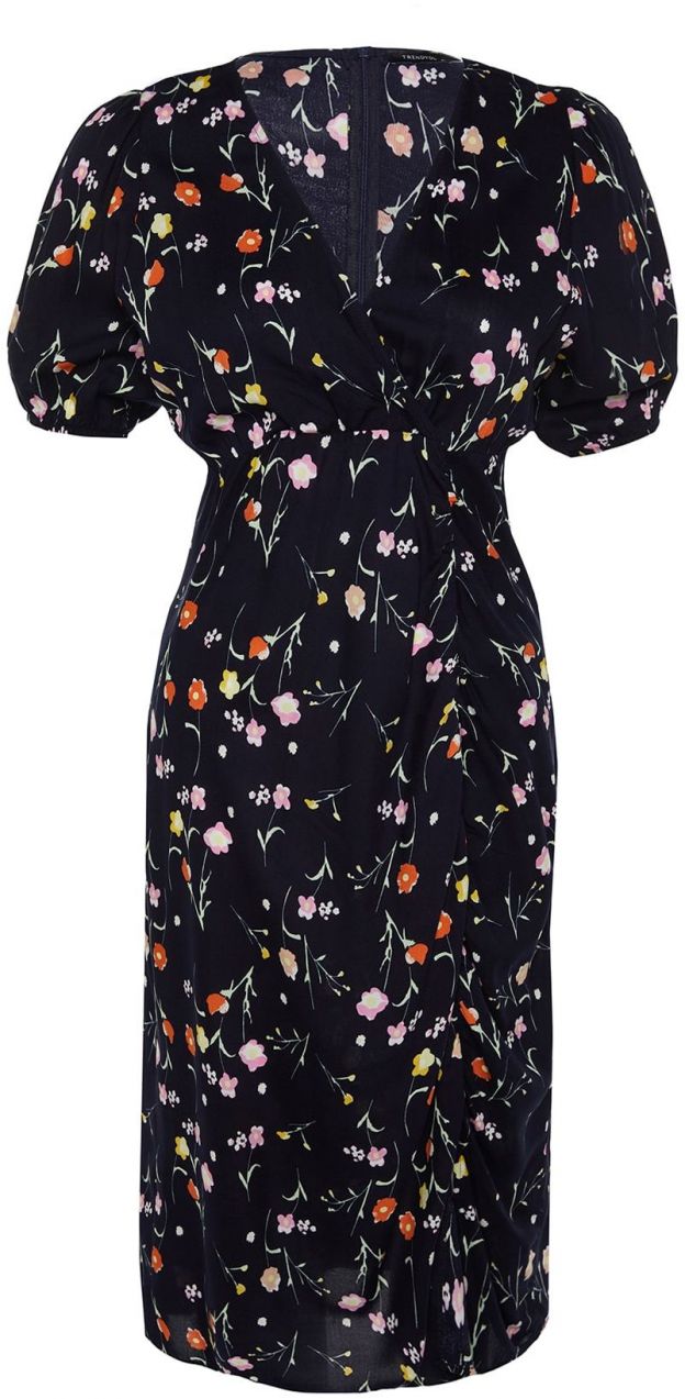 Trendyol Curve Navy Blue Floral Knitted Dress With Double Breasted Collar
