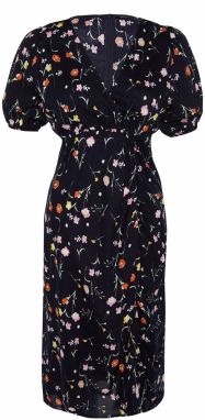 Trendyol Curve Navy Blue Floral Knitted Dress With Double Breasted Collar