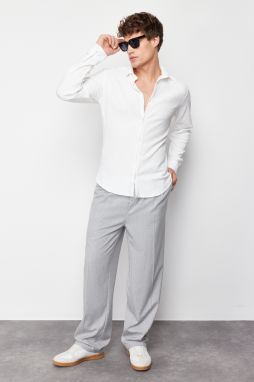 Trendyol Ecru Slim Fit Textúrovaná Pletená Košeľa s Dlhým Rukávom