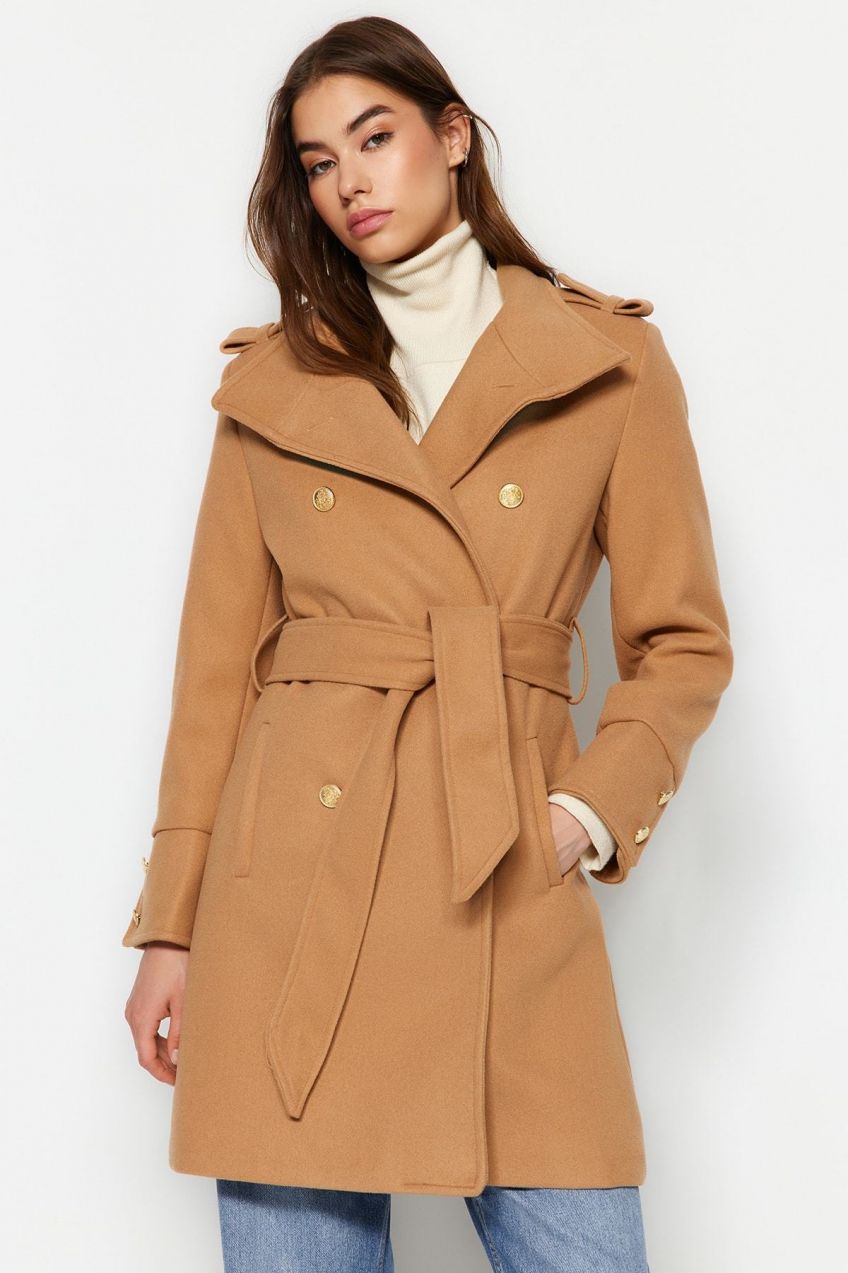Trendyol Camel Belted Gold Gombík Detailný pečiatkový kabát