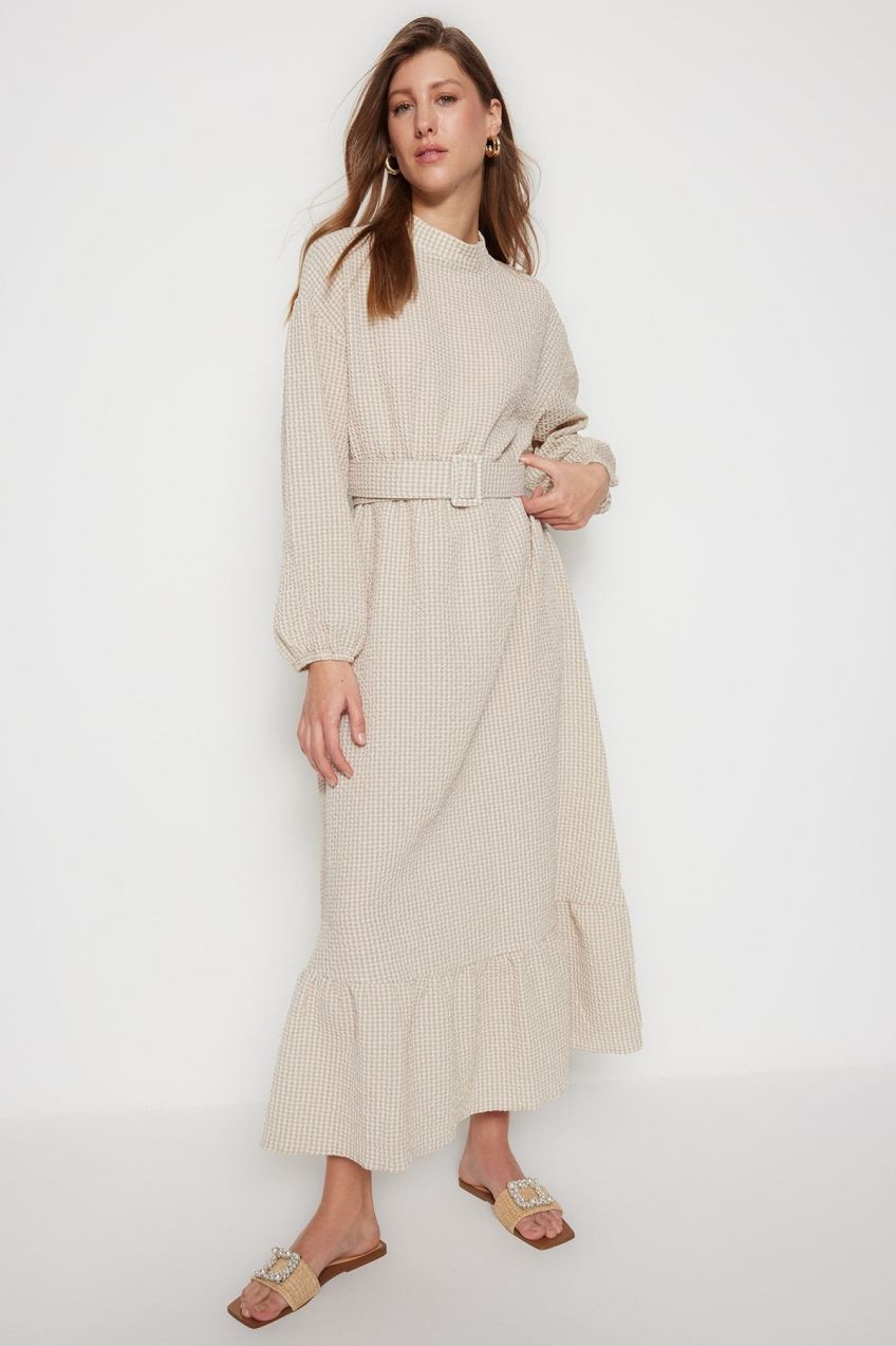 Trendyol Beige Fabric Covered Belted Seersucker Woven Dress