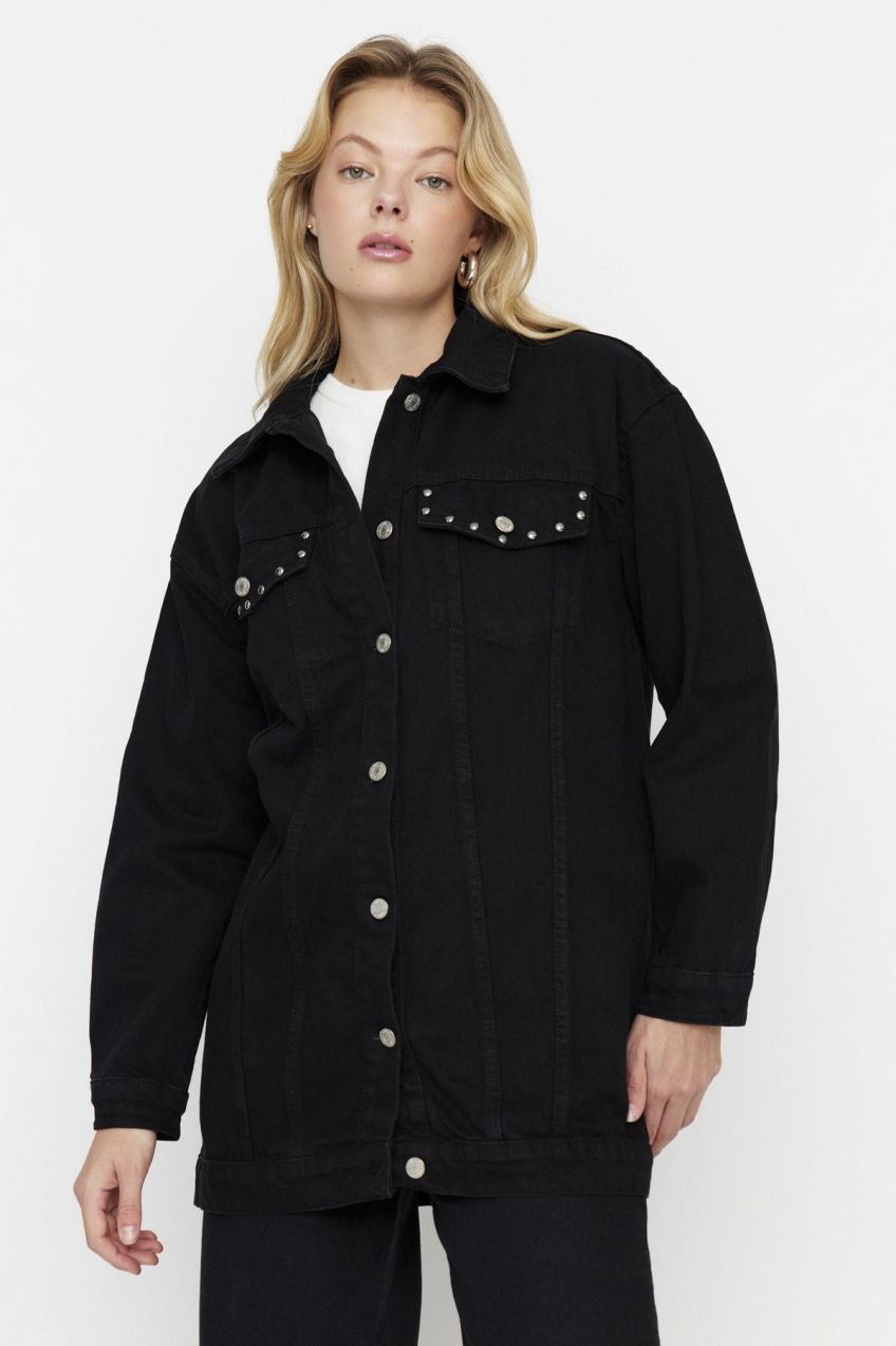 Trendyol Black Staple detailná oversized džínsová bunda