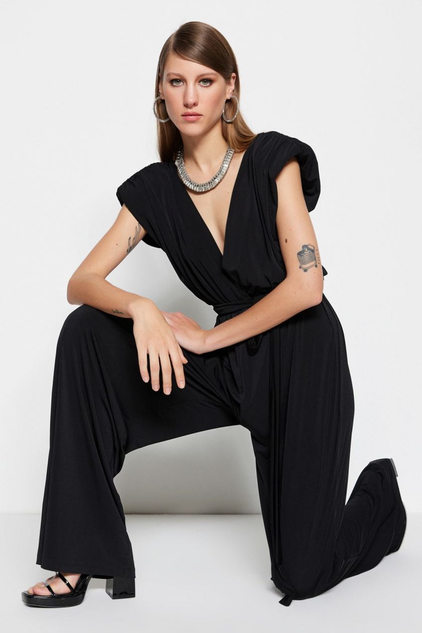 Trendyol Black V Neck Belted Knitted Jumpsuit