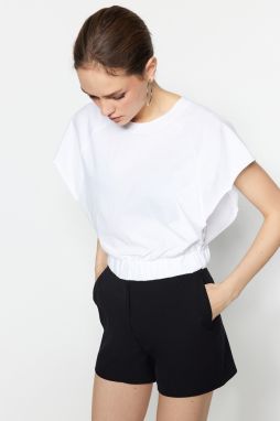 Trendyol Biele 100% Bavlnené Raglanové Rukávy Crop Crew Neck Pletené Tričko
