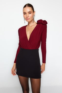 Trendyol Burgundy Double Breasted Collar Accessory Bodysuit