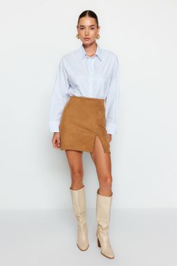 Trendyol Camel Slit semišová mini pletená sukňa