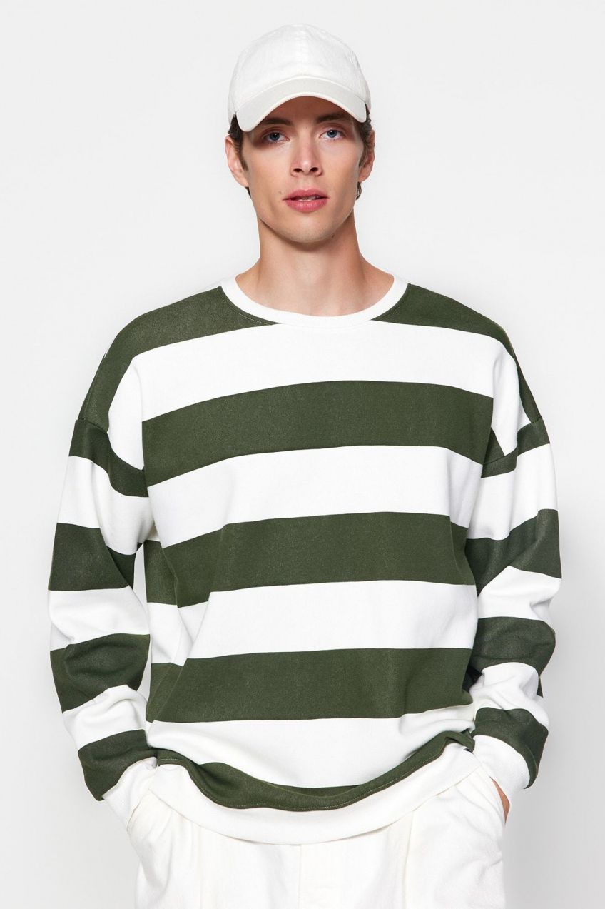 Trendyol Green Unisex oversize crew pásikovaná mikina s mäkkým vlasom vo vnútri bavlny.
