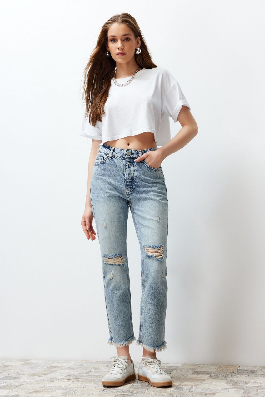 Trendyol Blue Ripped Detailed High Waist Straight Jeans
