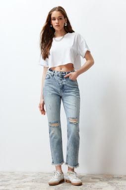 Trendyol Blue Ripped Detailed High Waist Straight Jeans