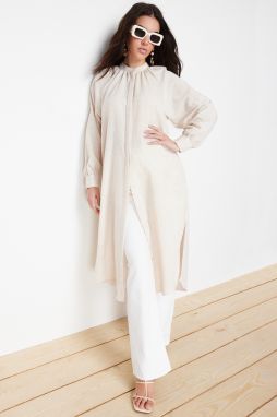 Trendyol Stone Comfort Fit Linen Look Long Woven Shirt