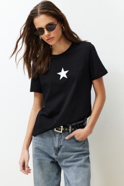 Trendyol Black 100% Cotton Star Printed Regular/Normal Pattern Crew Neck Knitted T-Shirt