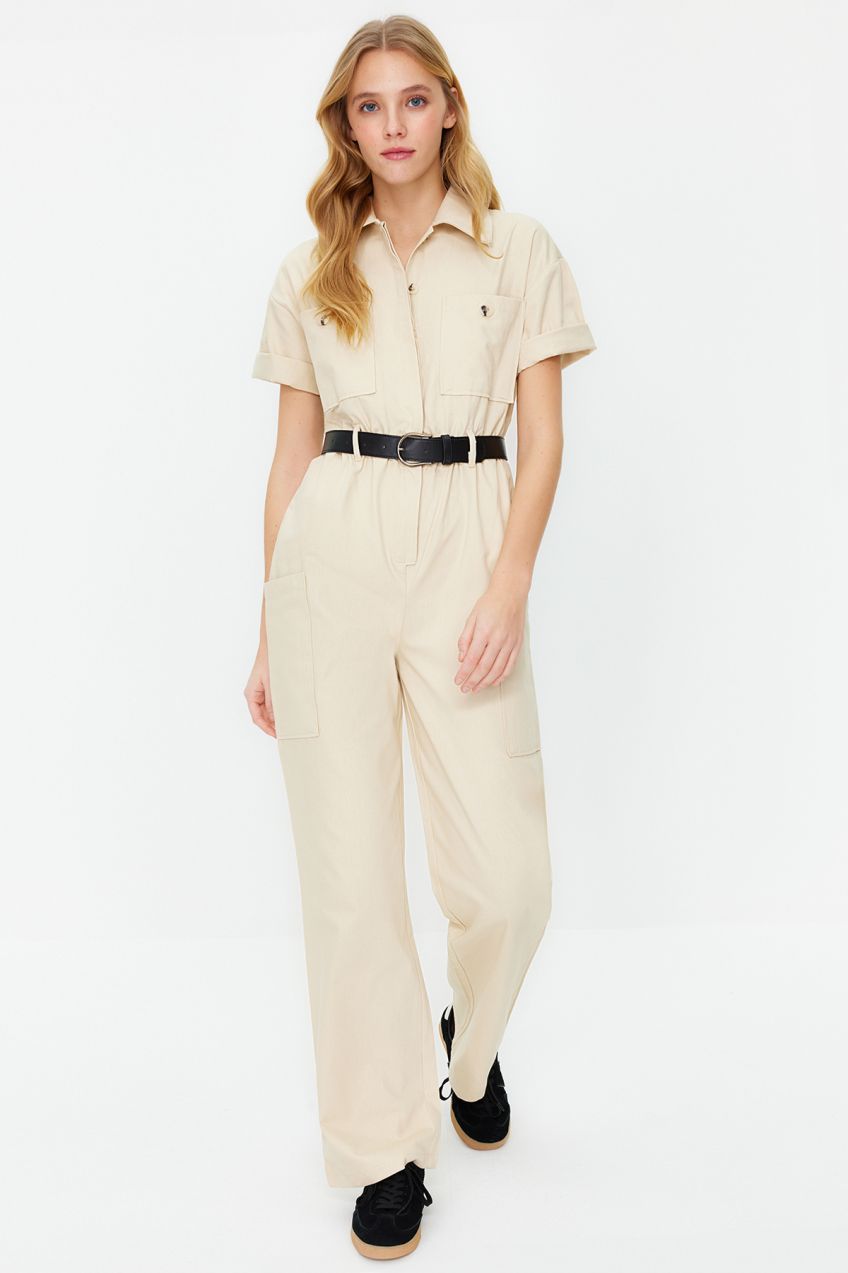 Trendyol Light Beige Belted Shirt Collar Pocket Detailed Maxi Woven Jumpsuit