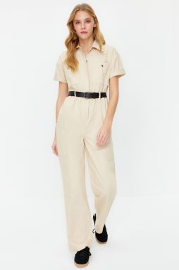 Trendyol Light Beige Belted Shirt Collar Pocket Detailed Maxi Woven Jumpsuit
