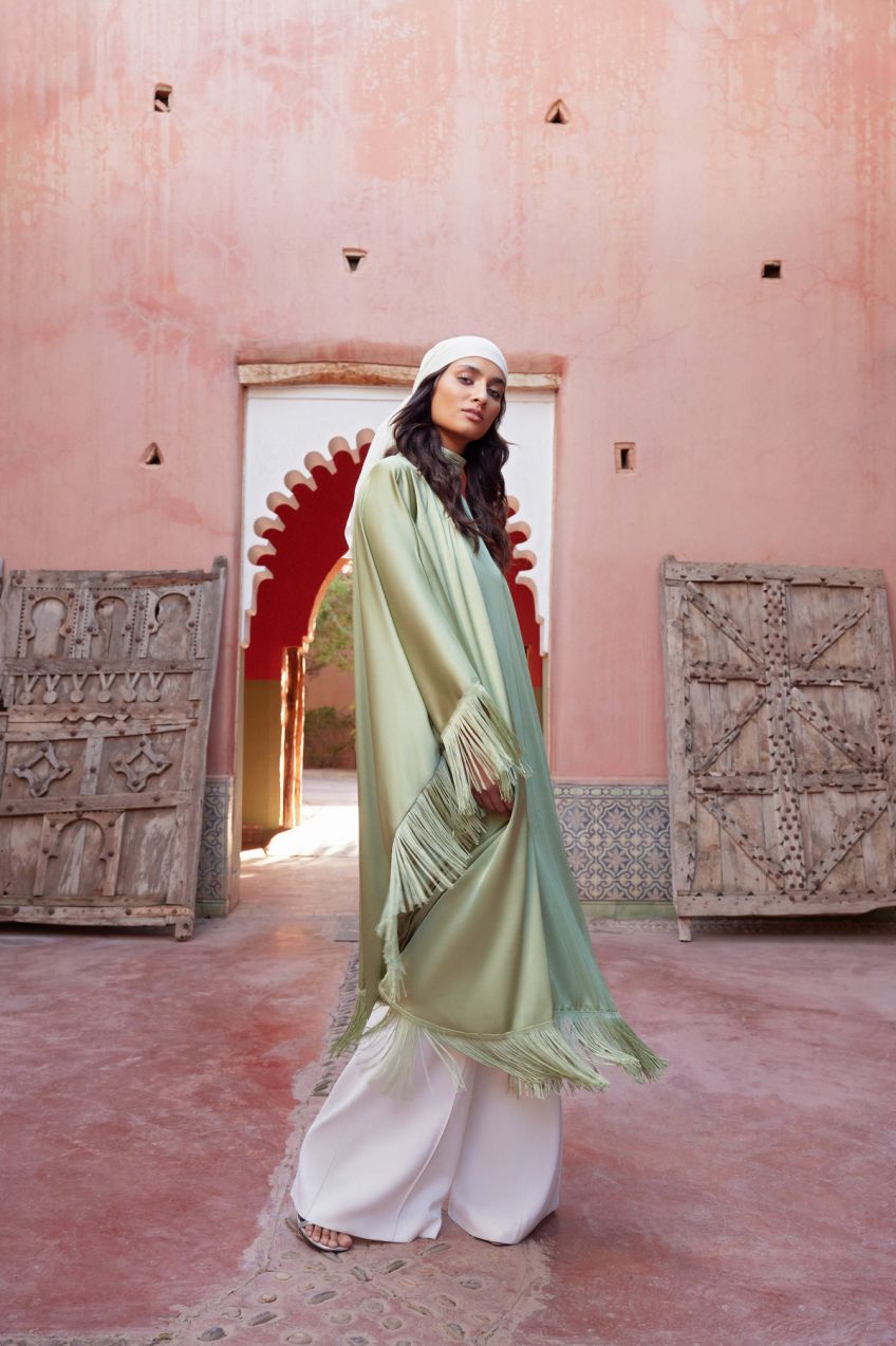 Trendyol Khaki Tassel Detailed Satin Woven Kaftan Evening Dress