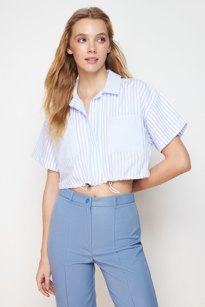 Trendyol Blue Striped End Elastic Stopper Woven Shirt