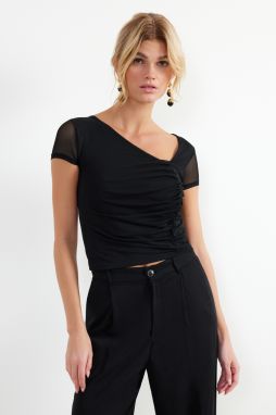 Trendyol Black Asymmetrical Collar Tulle Stretchy Knitted Blouse