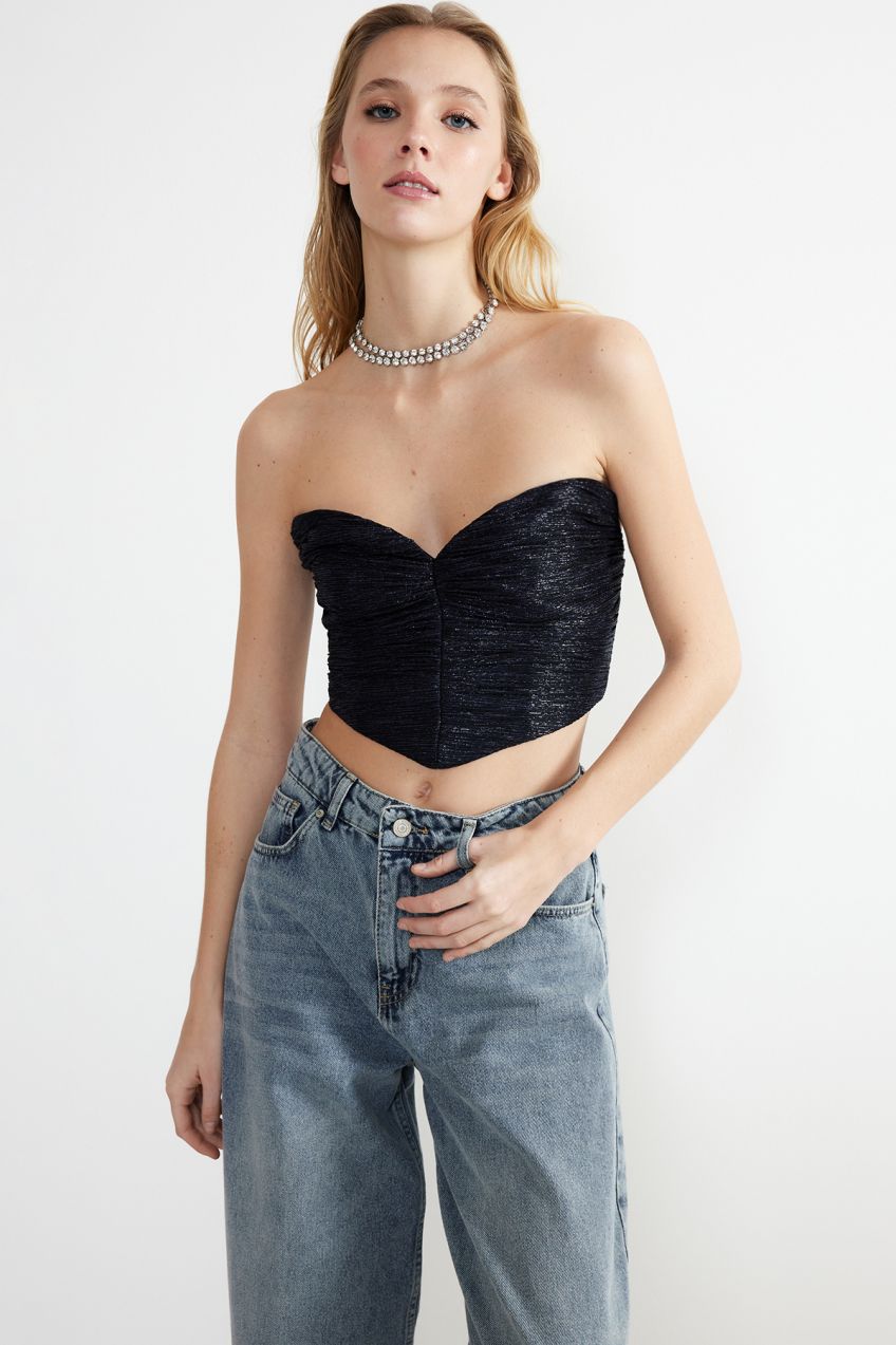 Trendyol Navy Blue Crop Shiny Knitted Bustier