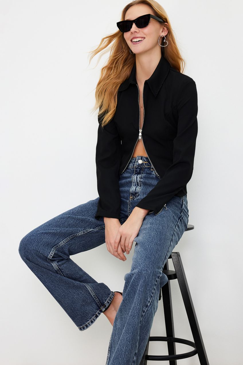 Trendyol Black Zipper Detailed Fitted Woven Shirt