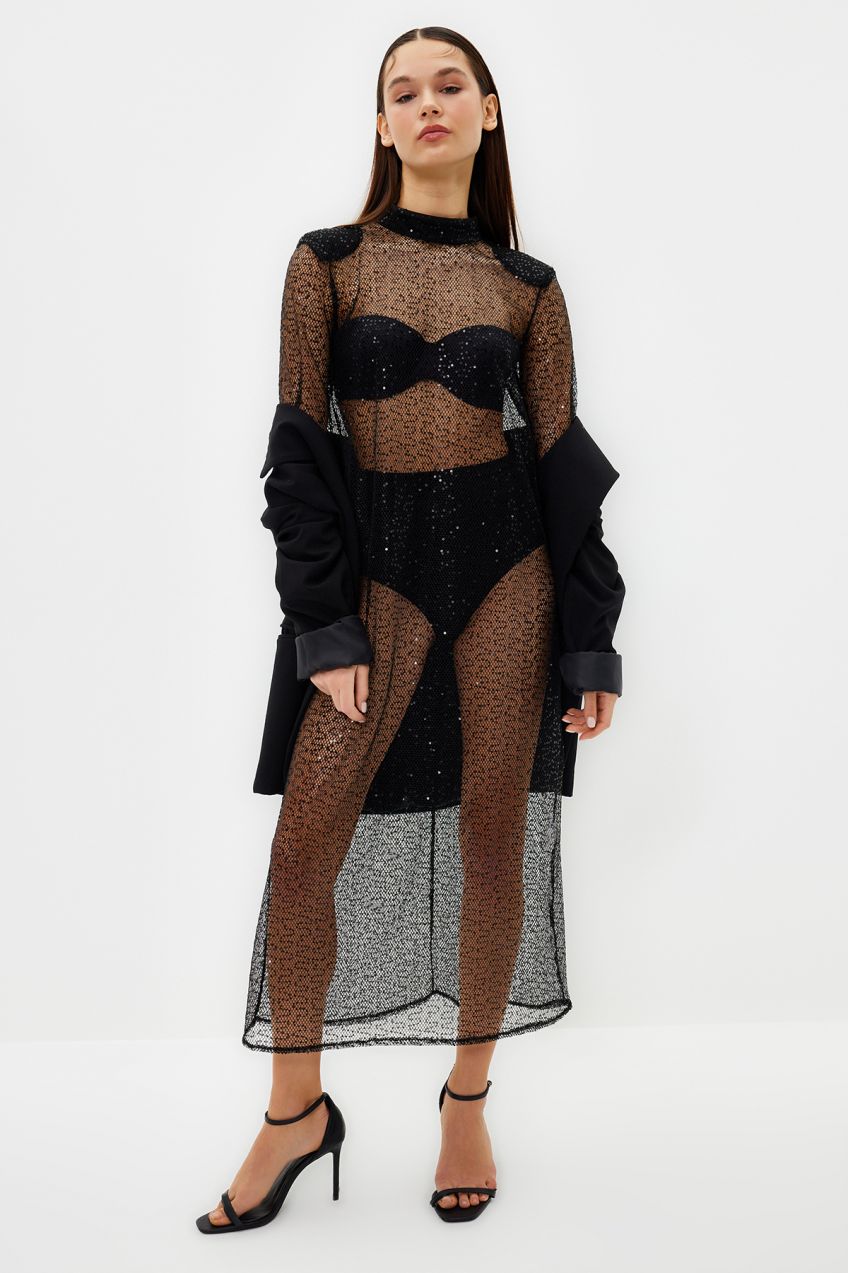 Trendyol Black Padded Transparent Woven Sequin Elegant Evening Dress