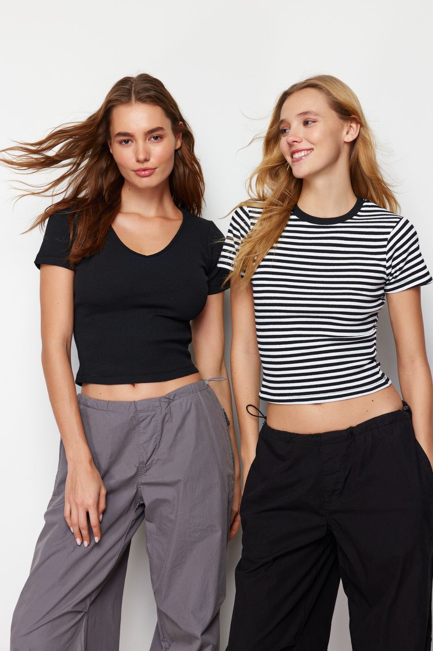 Trendyol Pack of 2 Plain Black V-neck and Striped Black Crew Neck Stretchy Knitted Blouse