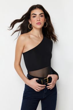 Trendyol Black Tulle Detailed Asymmetric Collar Stretchy Snap Knitted Body