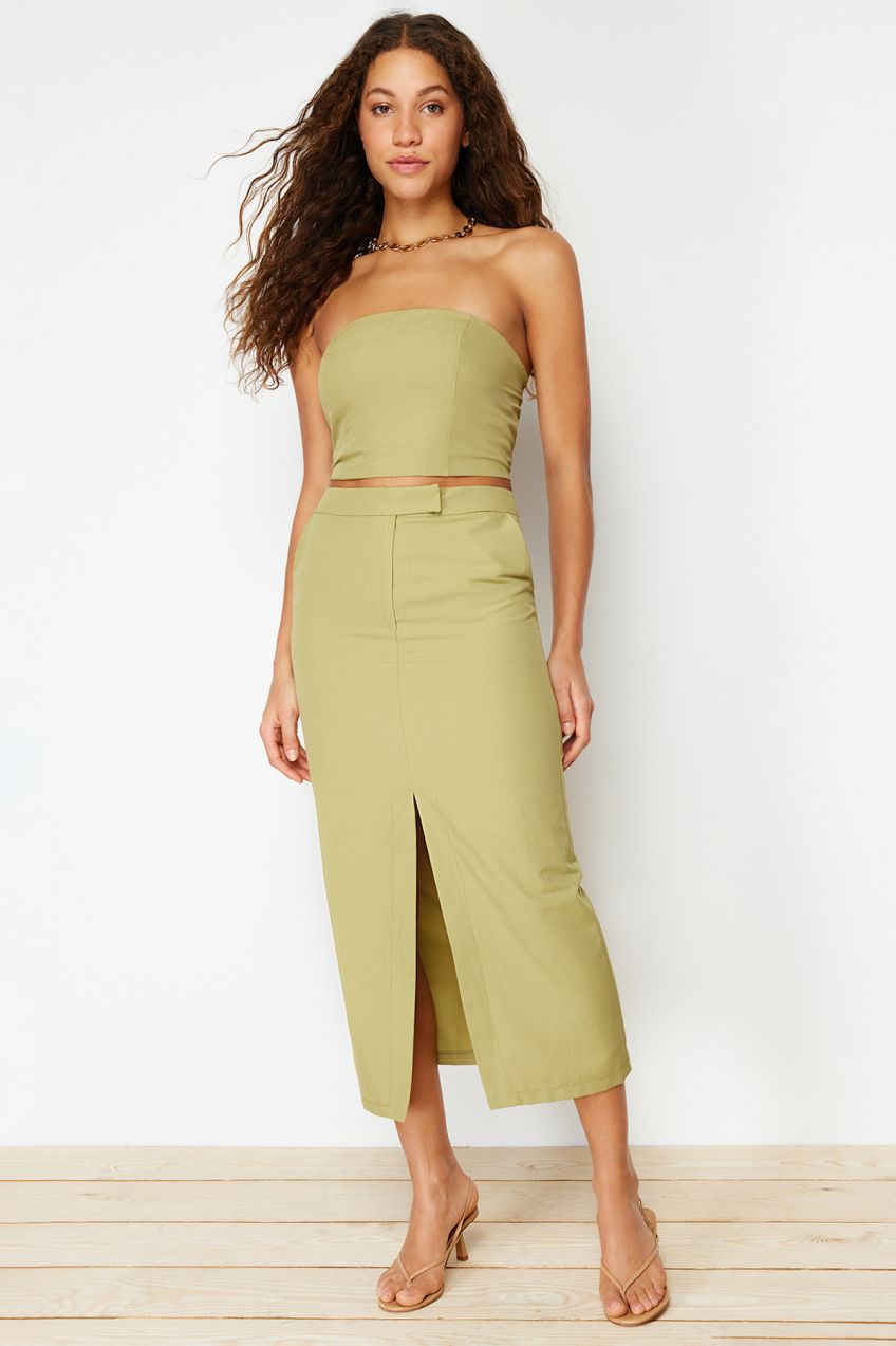 Trendyol Khaki Premium Straight Front Slit Midi Length Woven Skirt