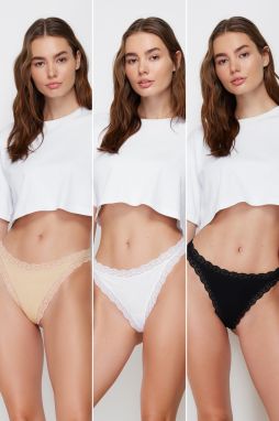 Trendyol Black-White-Skin 3-Pack 100% Cotton Ribbed Lace Detailed String Knitted Panties