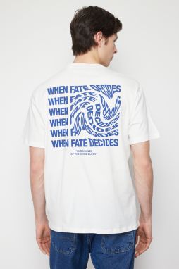Trendyol Ecru Relaxed/Comfortable Cut Text Printed Short Sleeve 100% Cotton T-Shirt