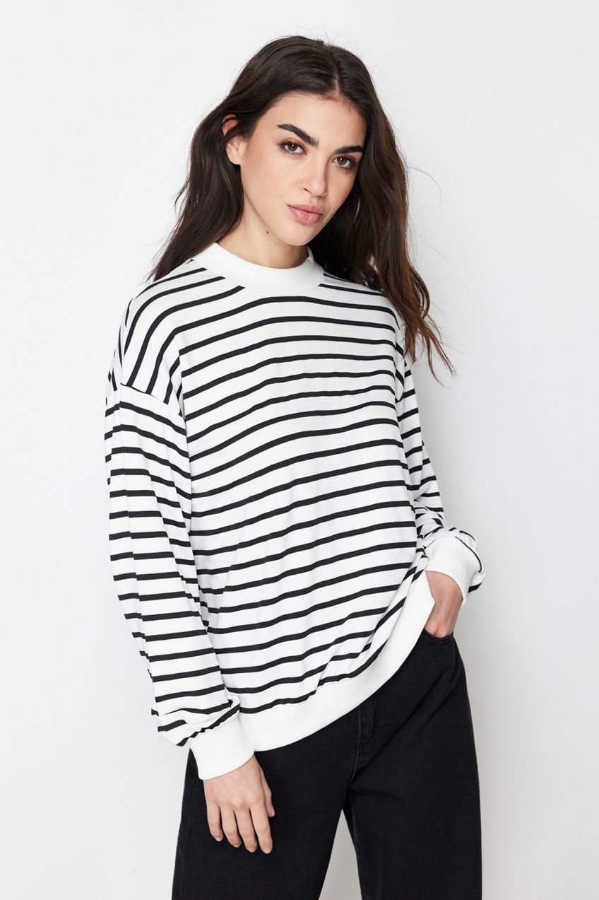 Trendyol Ecru Striped Knitted Sweatshirt