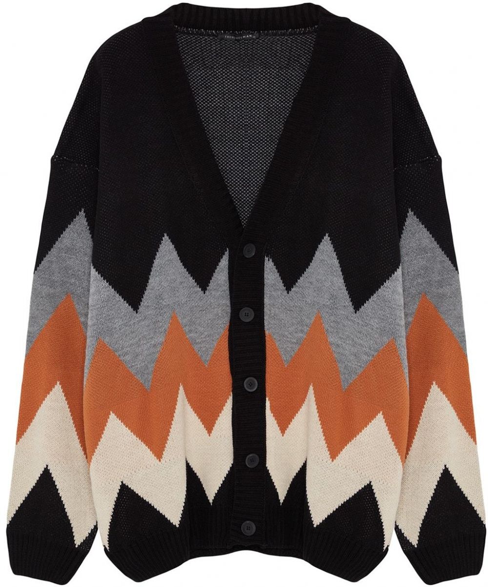 Trendyol Black Large Size Oversize Fit Wide Fit Diamond Patterned Knitwear Cardigan