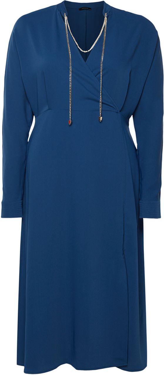 Trendyol Curve Navy Blue Double Breasted Collar Chain Accessory Stylish Midi Woven Dress