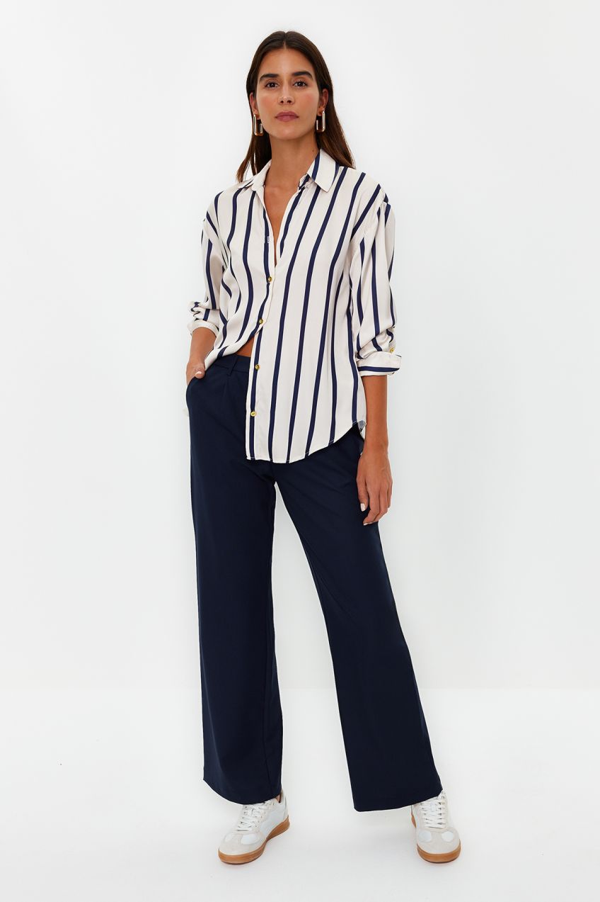 Trendyol Navy Blue Straight / Straight Cut Elastic Waist Woven Trousers