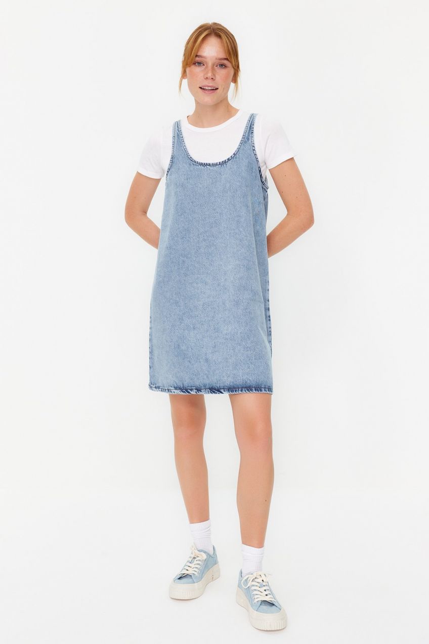 Trendyol Modré Oversize Mini Džínsové Šaty