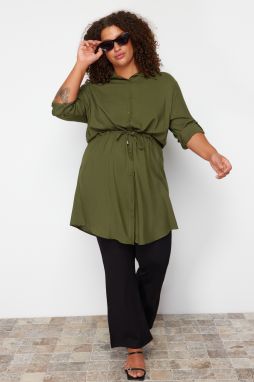 Trendyol Curve Khaki Plus Size Skladacia Tkaná Košeľa s Nariaseným Pásom
