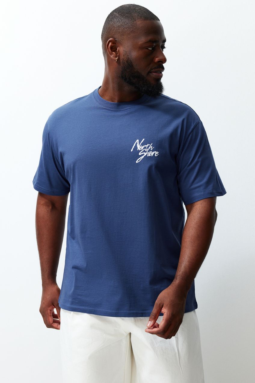Trendyol Plus Size Indigo Relaxed Printed 100% Cotton T-Shirt