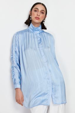 Trendyol Blue Glitter Striped Sleeve Gathered Woven Shirt