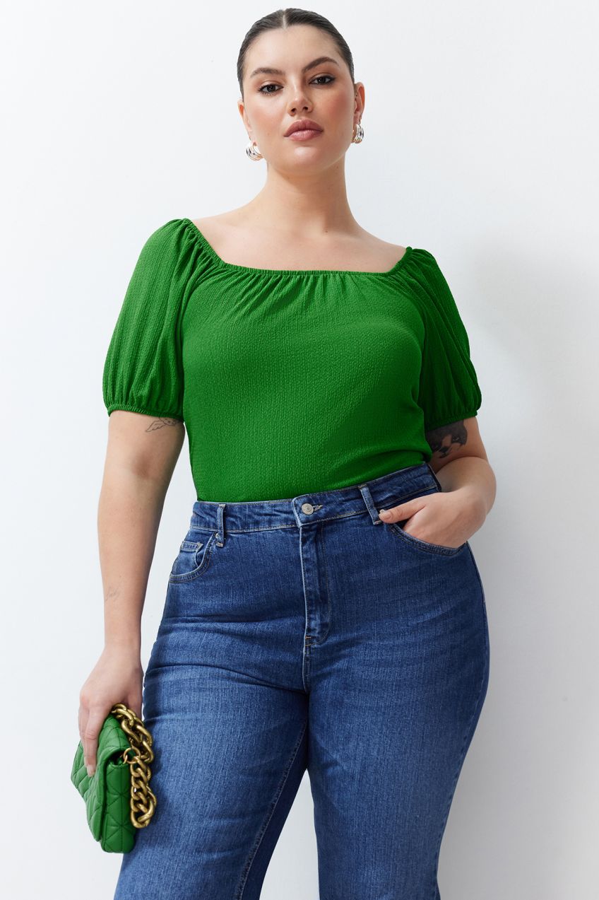Trendyol Curve Green Gathered Detailed Knitted Blouse