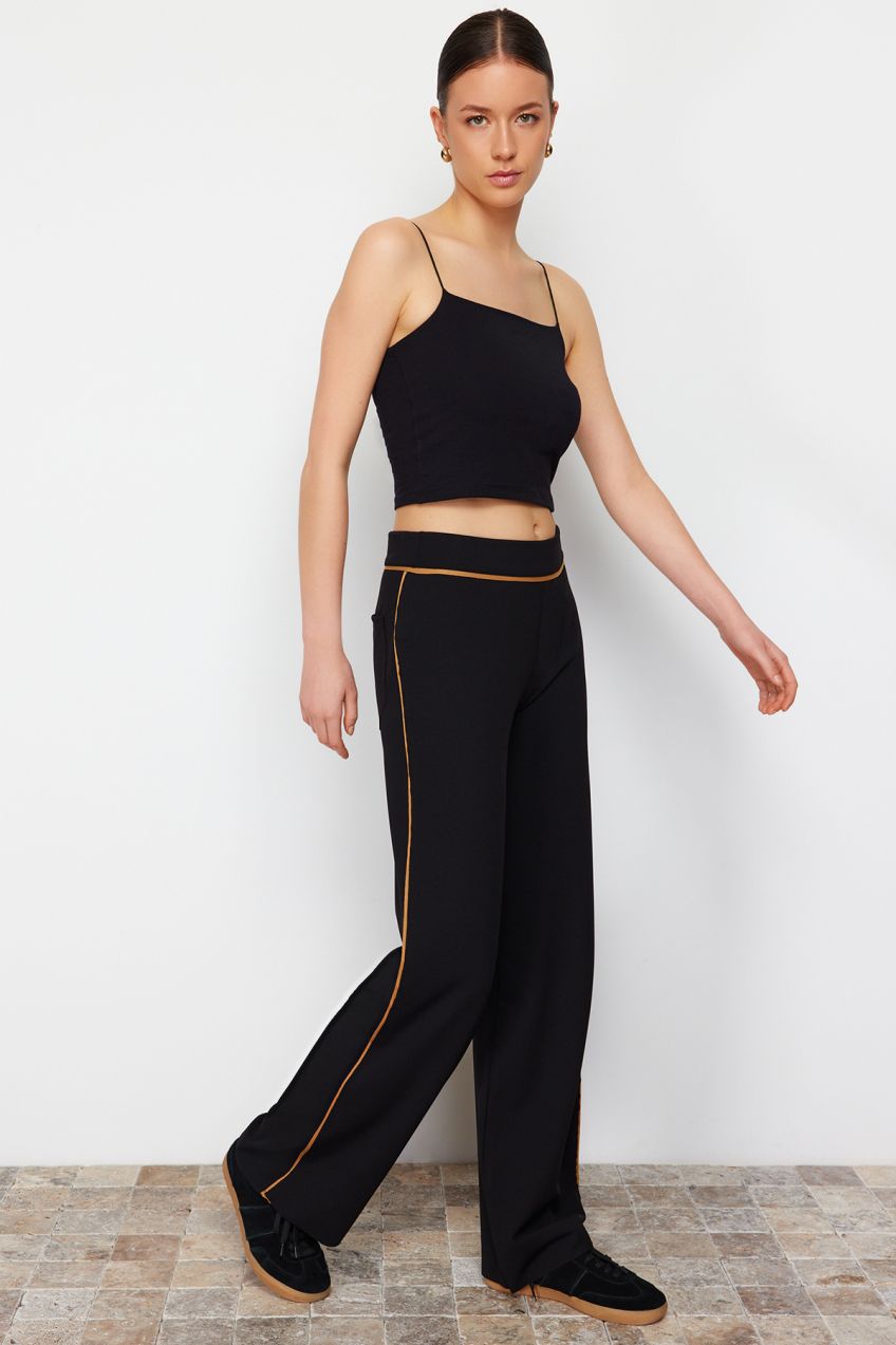 Trendyol Black Contrast Stripe Detail Wide Leg/Comfort Fit Flexible Trousers