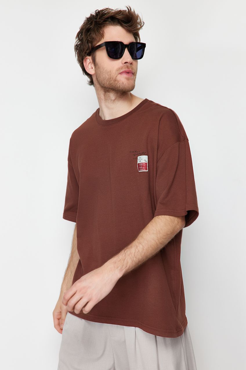 Trendyol Brown Oversize Labeled Text Printed 100% Cotton T-Shirt