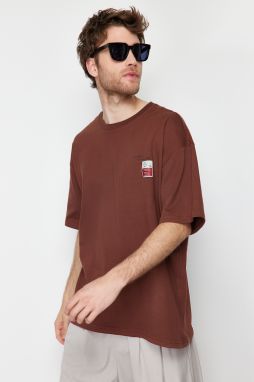 Trendyol Brown Oversize Labeled Text Printed 100% Cotton T-Shirt
