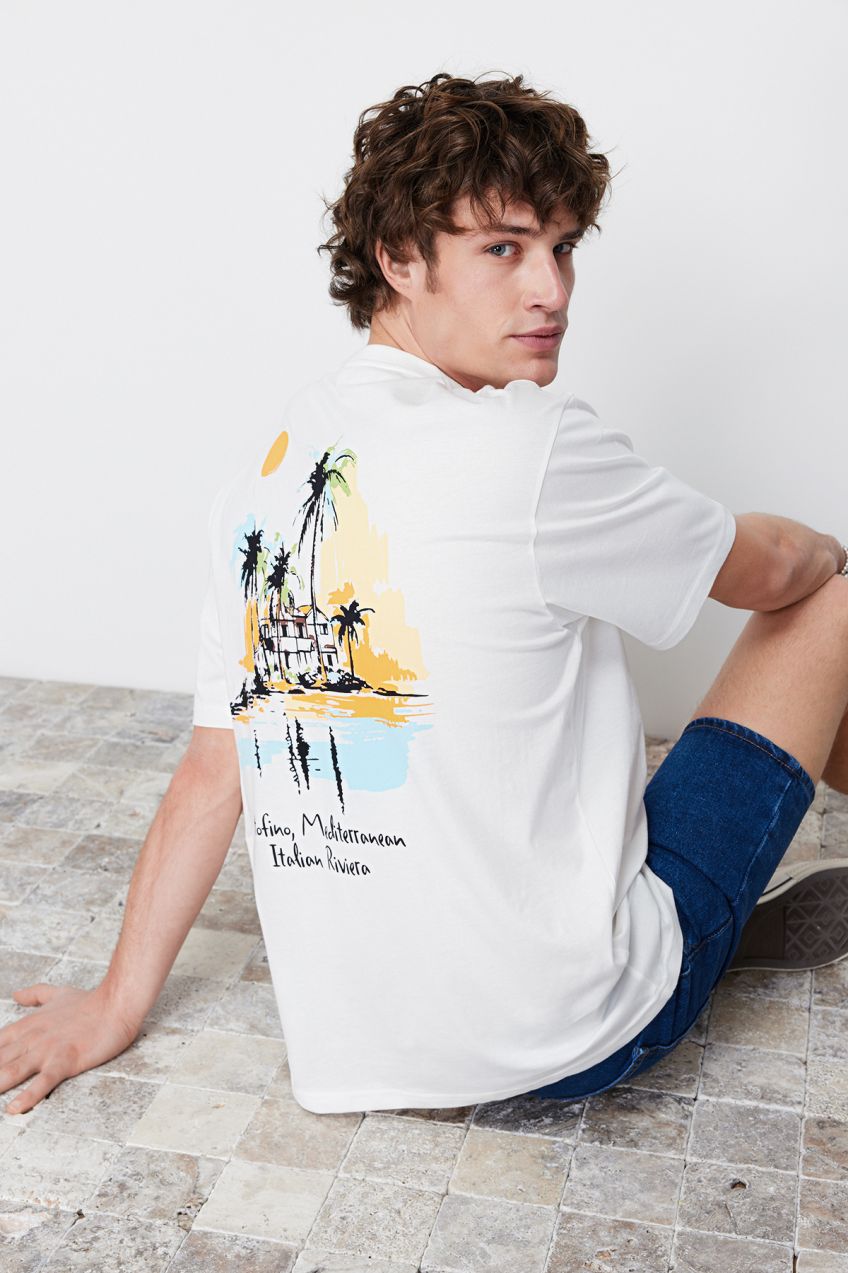 Trendyol Ecru Relaxed/Comfortable Cut Landscape Printed 100% Cotton Short Sleeve T-Shirt