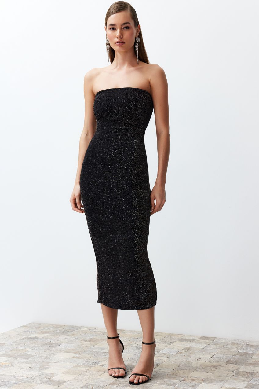Trendyol Black Body Fitted Lined Glittered Glittered Knitted Elegant Evening Dress