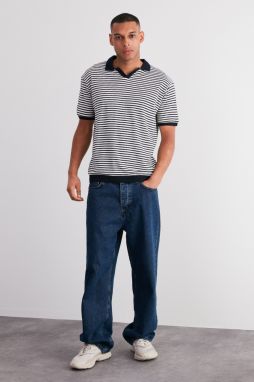 Trendyol Black Relaxed/Comfortable Cut Striped Textured Short Sleeve Apaş Polo Neck T-Shirt