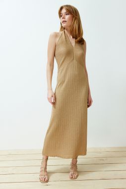 Trendyol Camel Midi Knitwear Glittered Thread Dress