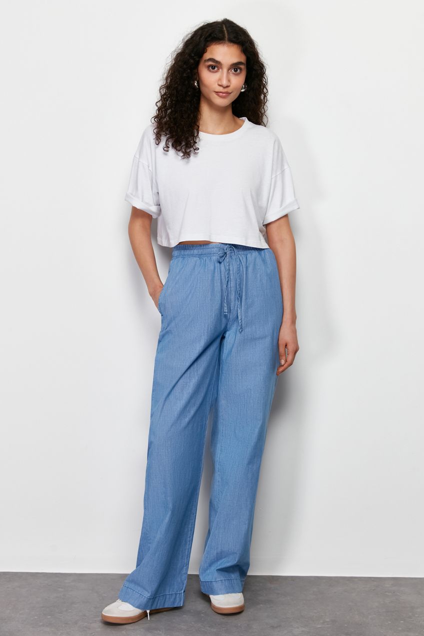 Trendyol modré elastické vysoké pásové široké nohavice z chambray.