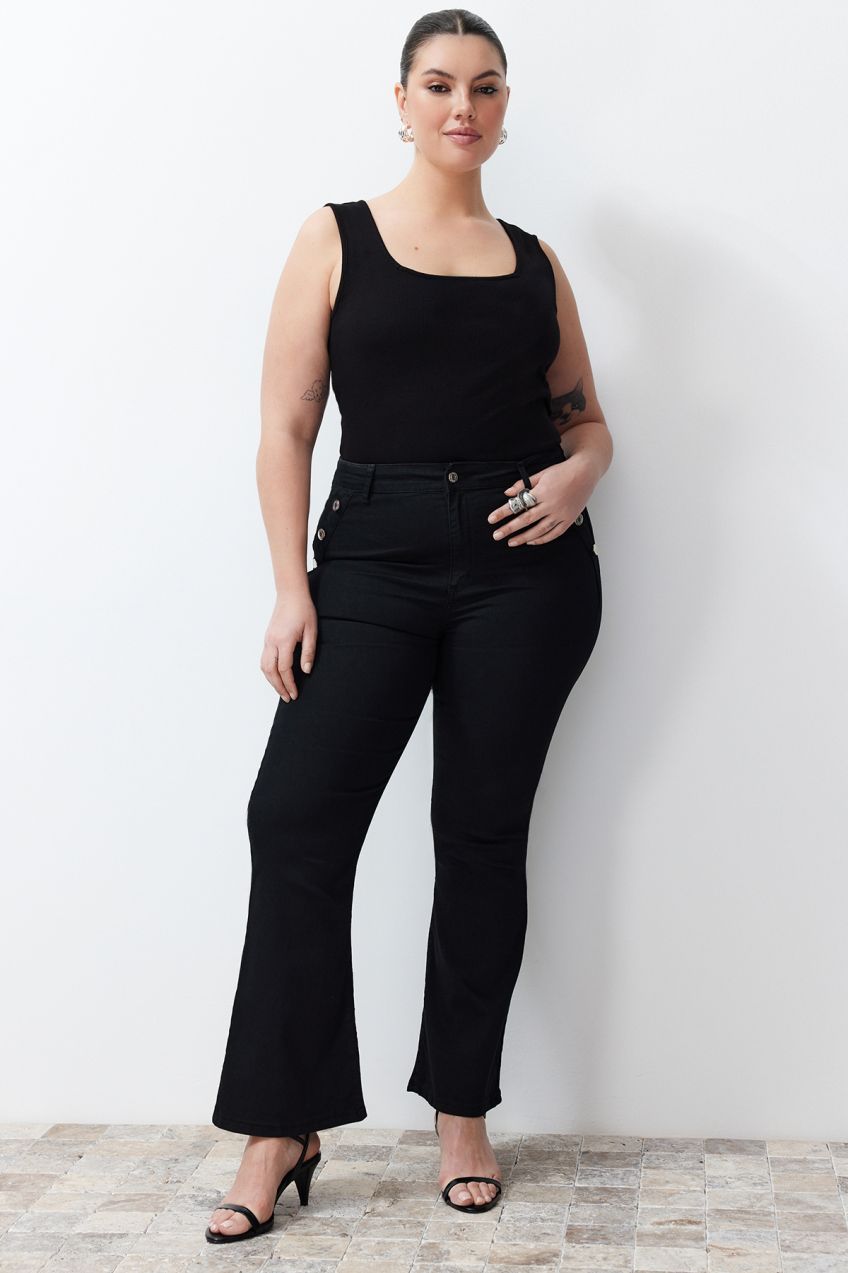 Trendyol Curve Black Button Detailed Extra Flexible Spanish Leg Jeans